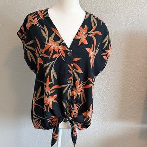 Sienna Sky Black and Orange Floral Tie-Front Blouse